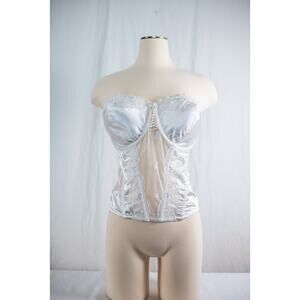 Vintage Y2K White Lace Satin Bustier Corset, Blue Floral Boudoir Lingerie, 36FF